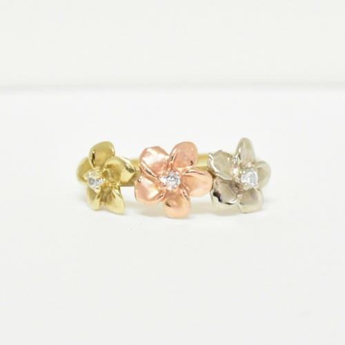 Tri Colored Gold Diamond Hibiscus Flower Ring